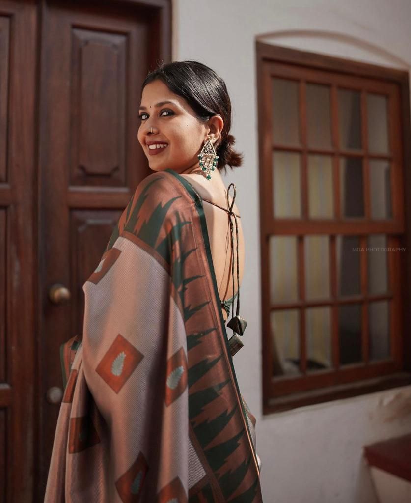 Enchanted Green & Peach Soft Lichi Silk Saree | All Over Work Jacquard Couture