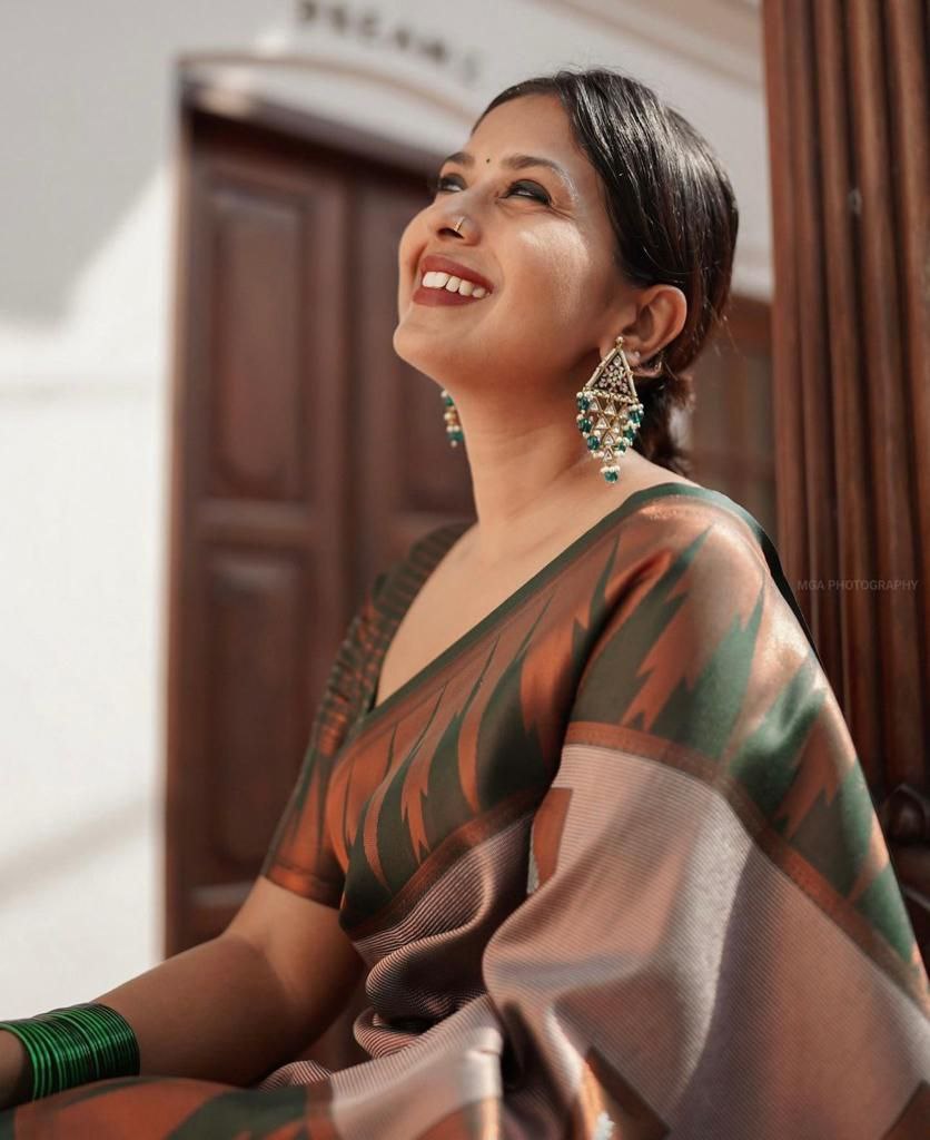 Enchanted Green & Peach Soft Lichi Silk Saree | All Over Work Jacquard Couture