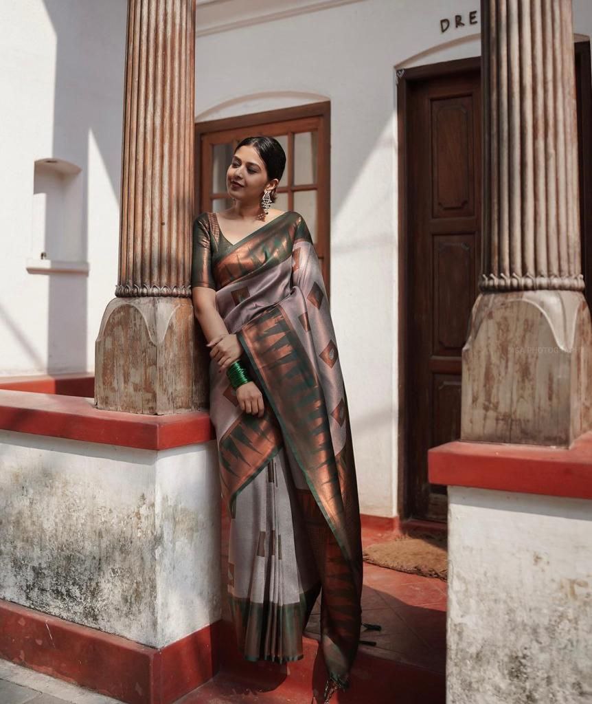 Enchanted Green & Peach Soft Lichi Silk Saree | All Over Work Jacquard Couture