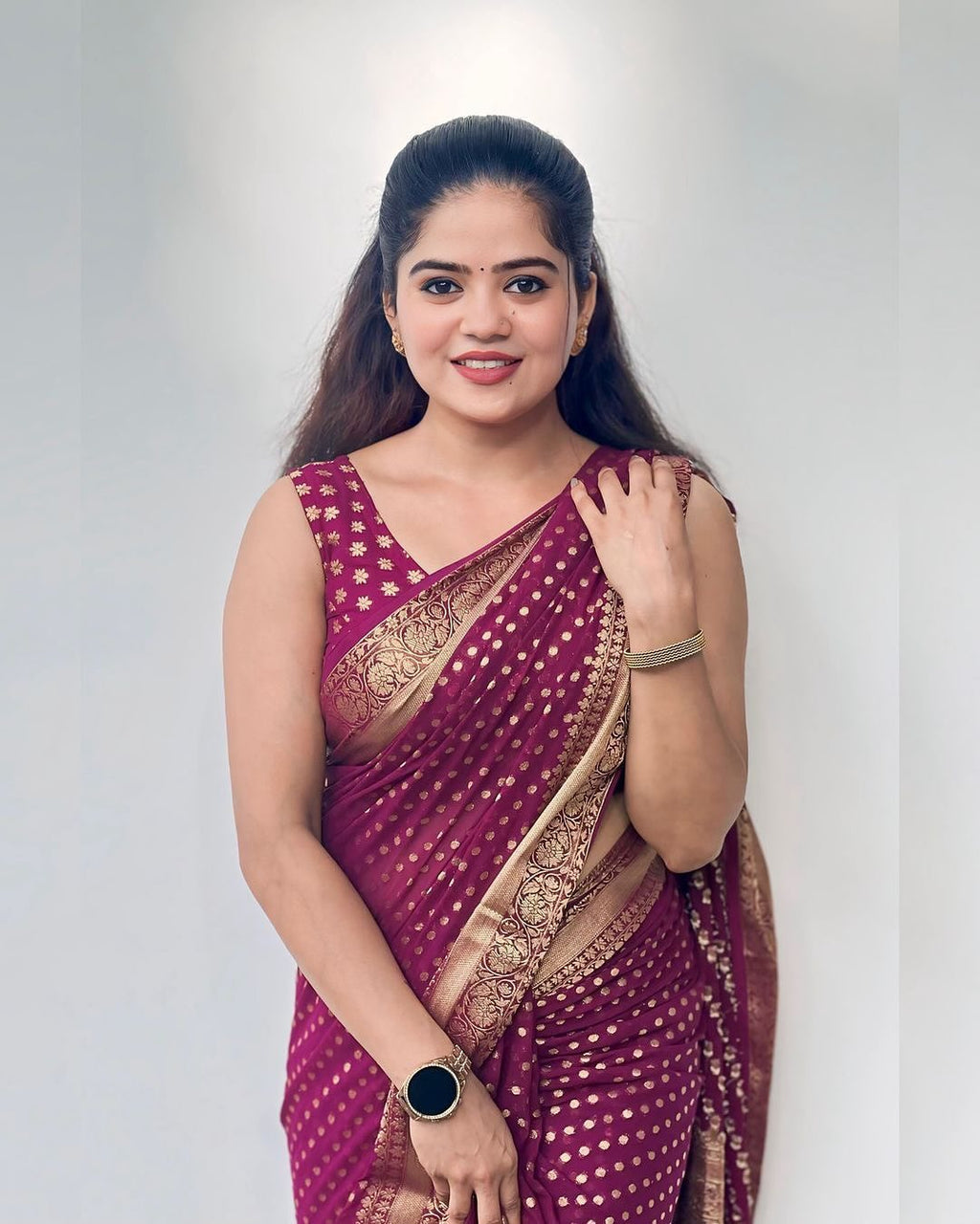 Royal Purple Soft Lichi Silk Saree | Jacquard Border Couture