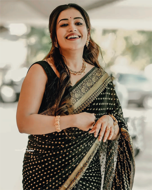 Midnight Black Soft Lichi Silk Saree | Jacquard Border Couture