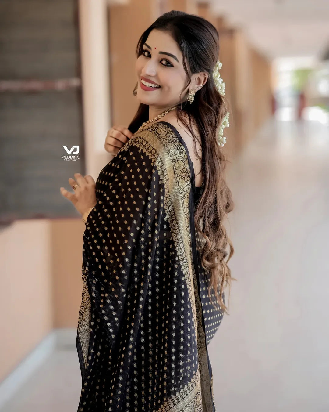 Midnight Black Soft Lichi Silk Saree | Jacquard Border Couture