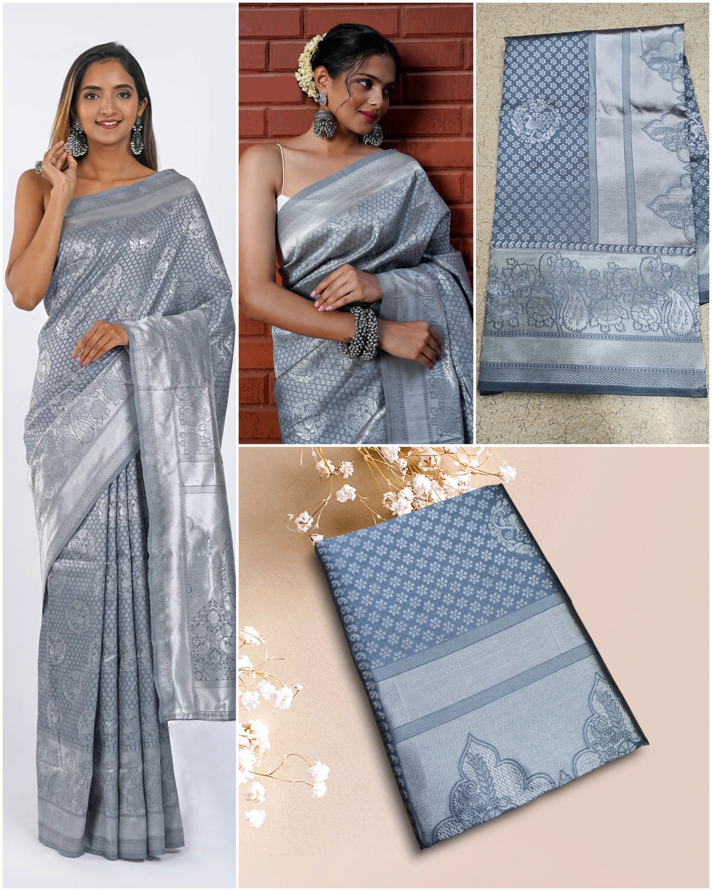 Ethereal Light Grey Soft Lichi Silk Saree | Jacquard Border Couture