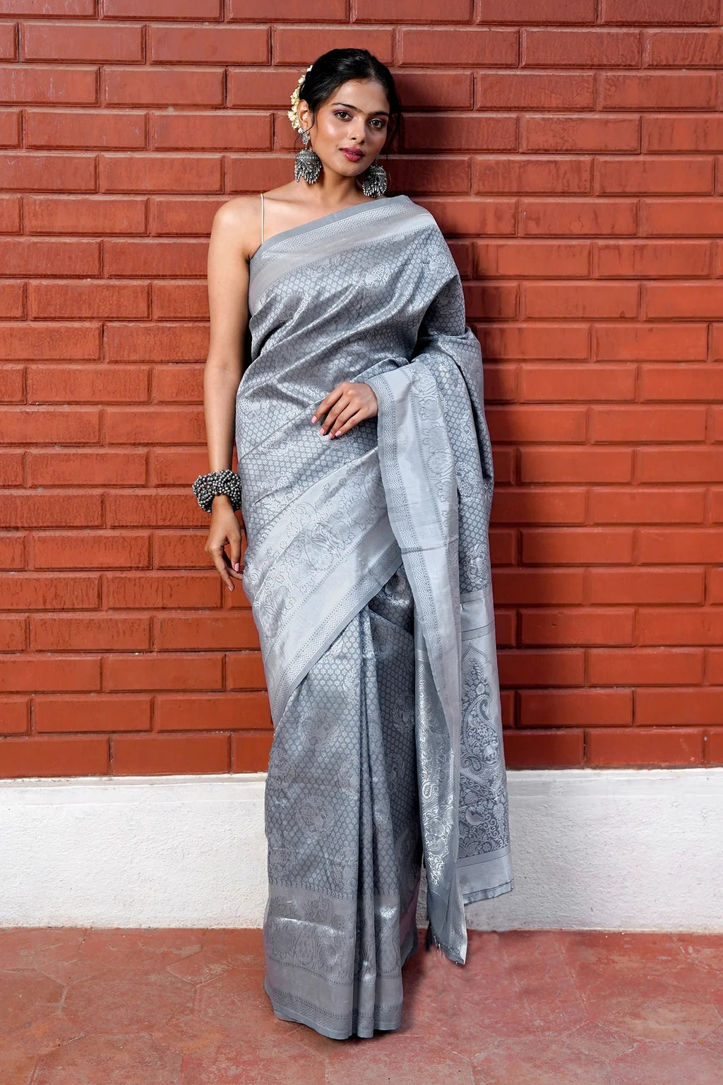 Ethereal Light Grey Soft Lichi Silk Saree | Jacquard Border Couture