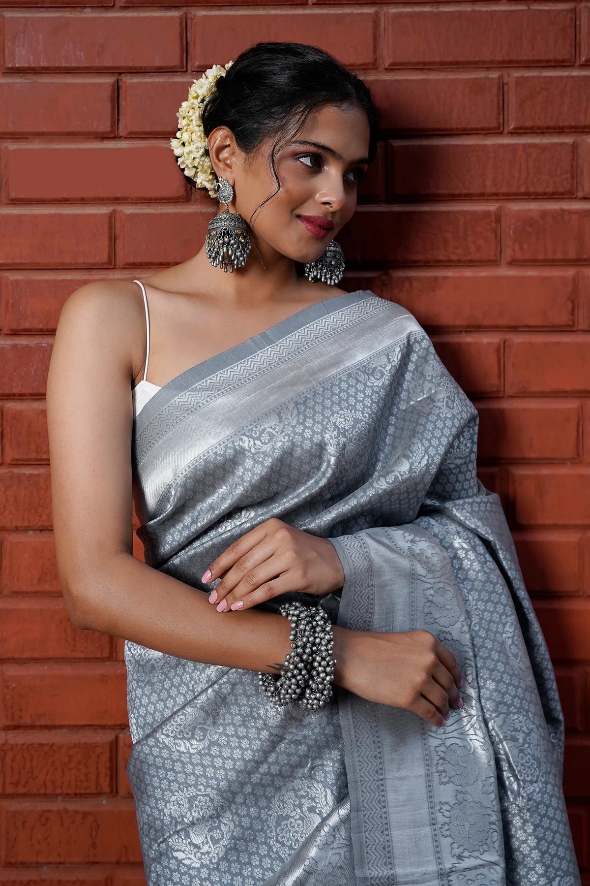 Ethereal Light Grey Soft Lichi Silk Saree | Jacquard Border Couture