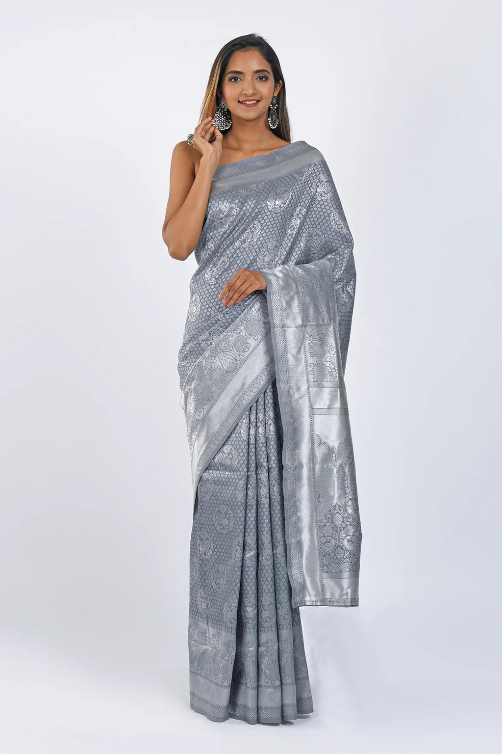 Ethereal Light Grey Soft Lichi Silk Saree | Jacquard Border Couture