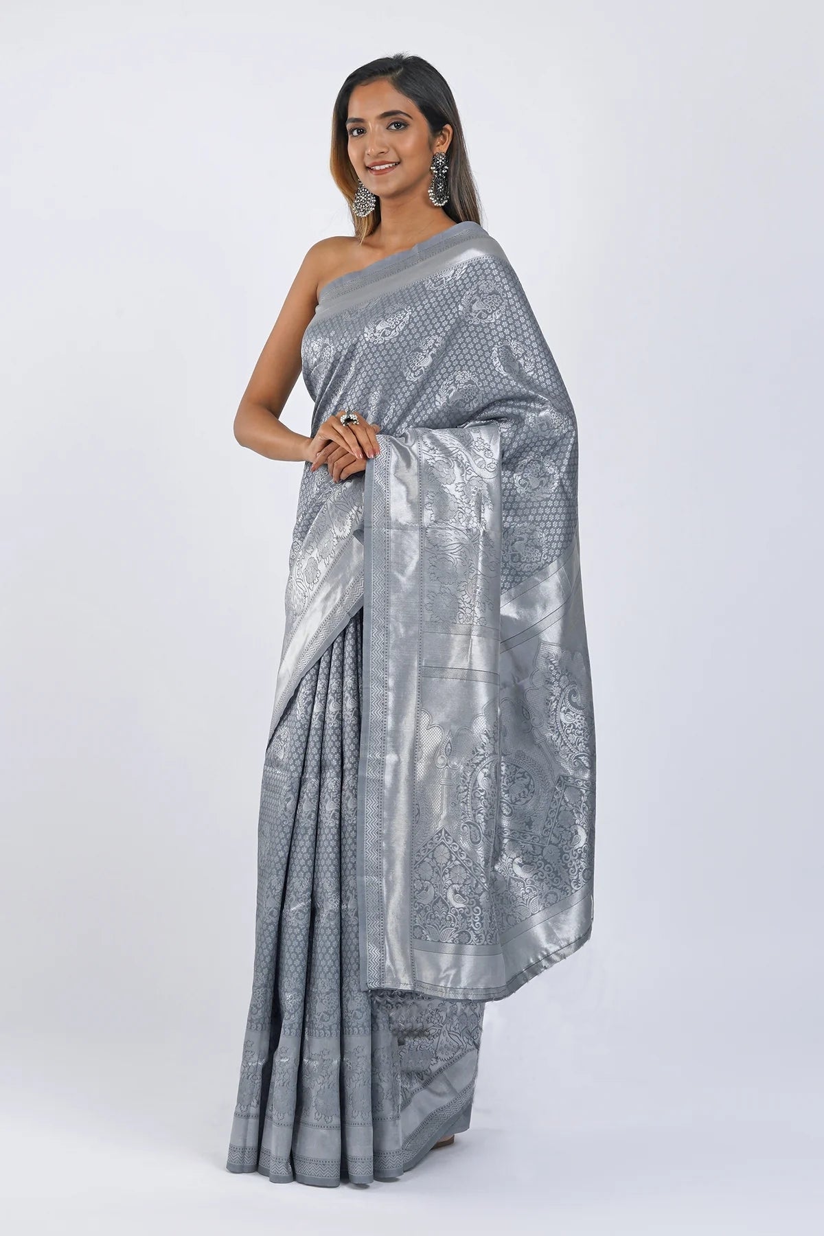 Ethereal Light Grey Soft Lichi Silk Saree | Jacquard Border Couture