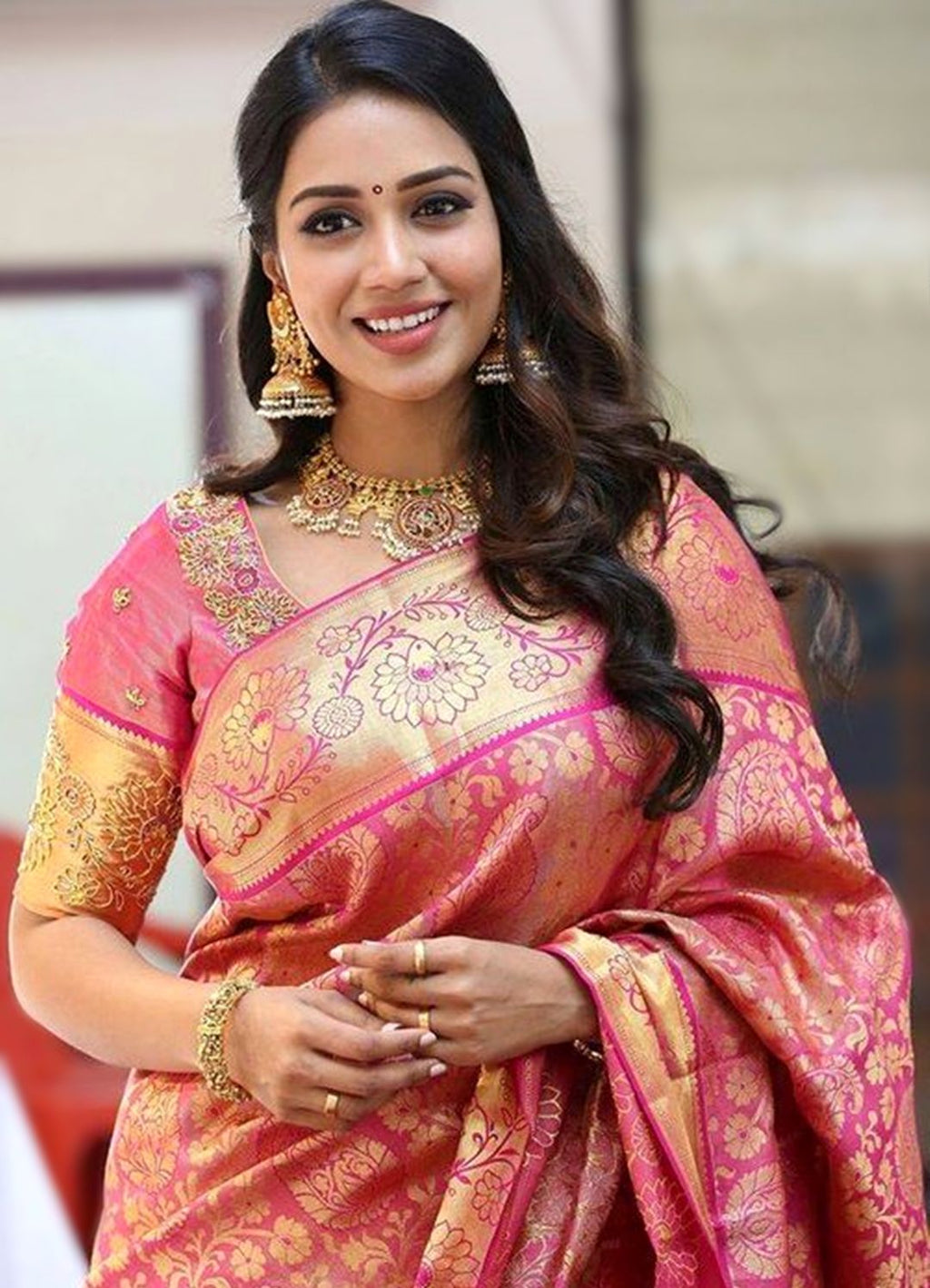 Golden Blush Soft Lichi Silk Saree | Jacquard Border Couture