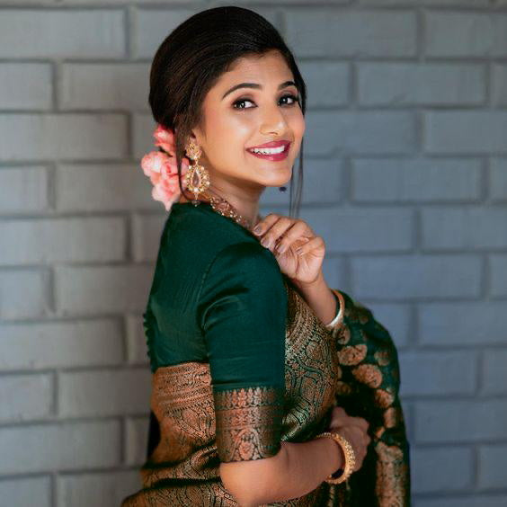 Enchanting Bottle Green Soft Lichi Silk Saree | Rich Pallu & Jacquard Work Couture