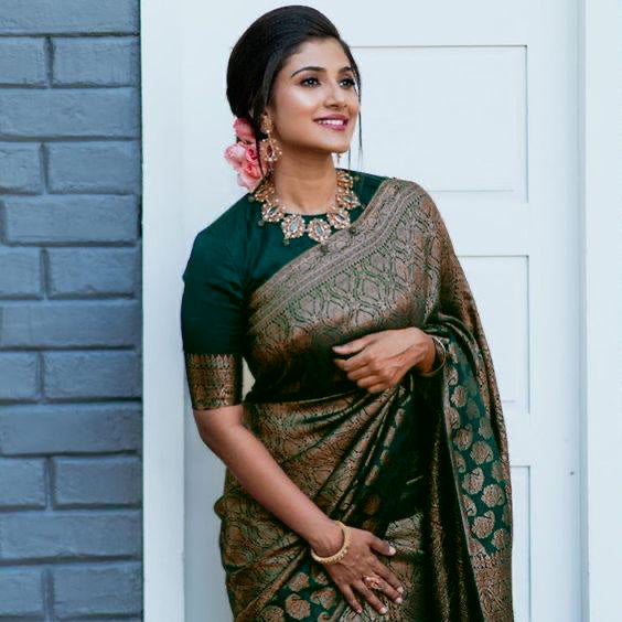 Enchanting Bottle Green Soft Lichi Silk Saree | Rich Pallu & Jacquard Work Couture