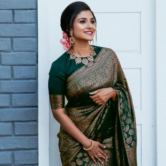 Enchanting Bottle Green Soft Lichi Silk Saree | Rich Pallu & Jacquard Work Couture