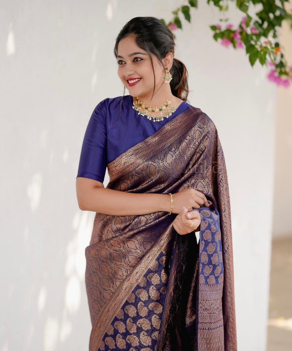 Majestic Navy Blue Soft Lichi Silk Saree | Rich Pallu & Jacquard Work Couture
