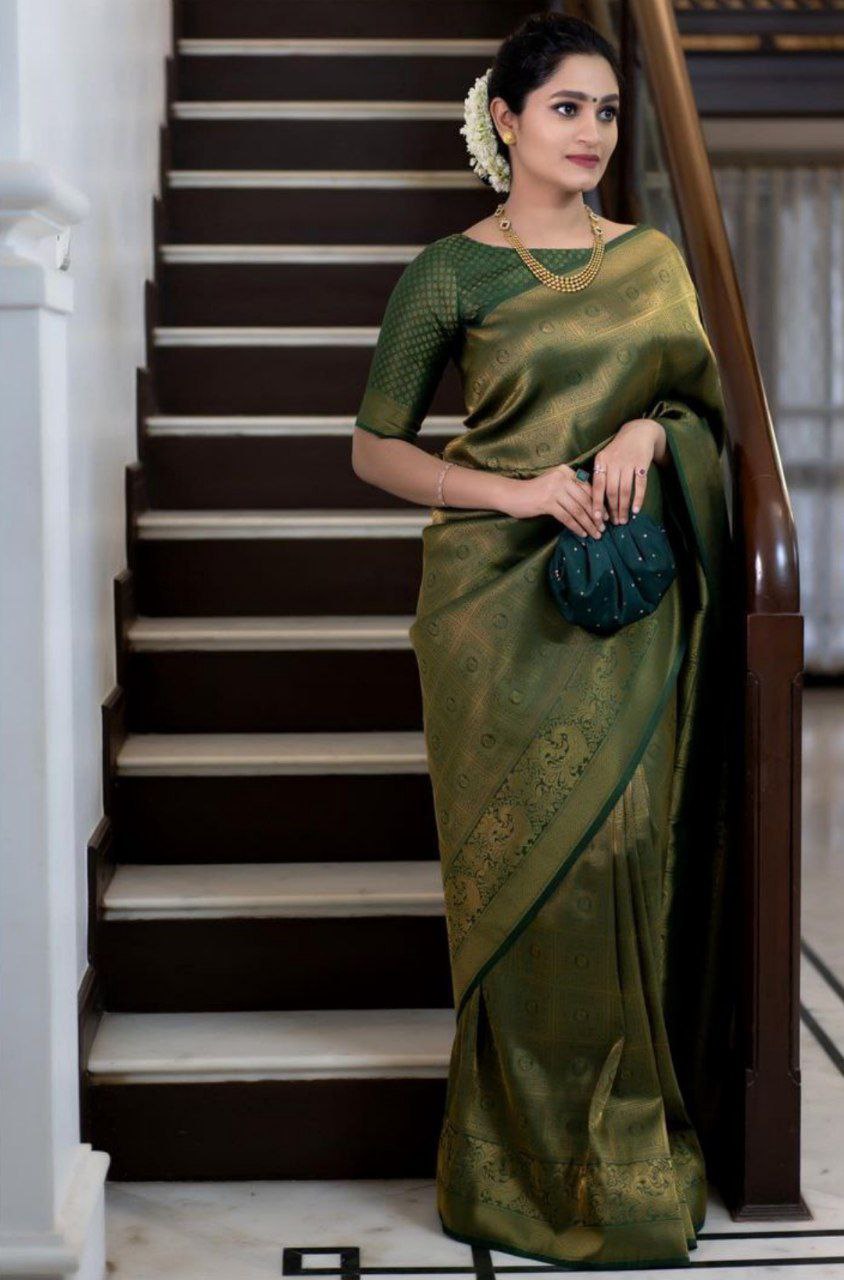Heritage Green Banarasi Soft Lichi Silk Saree | All Over Work Jacquard Couture