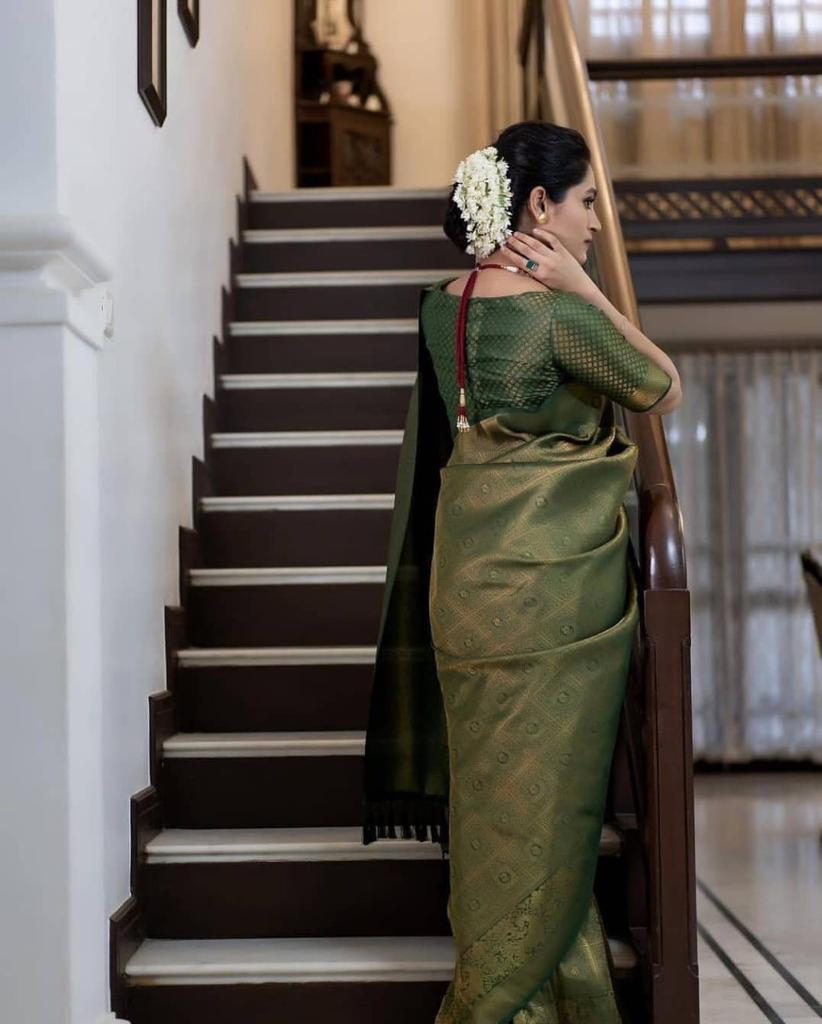 Heritage Green Banarasi Soft Lichi Silk Saree | All Over Work Jacquard Couture