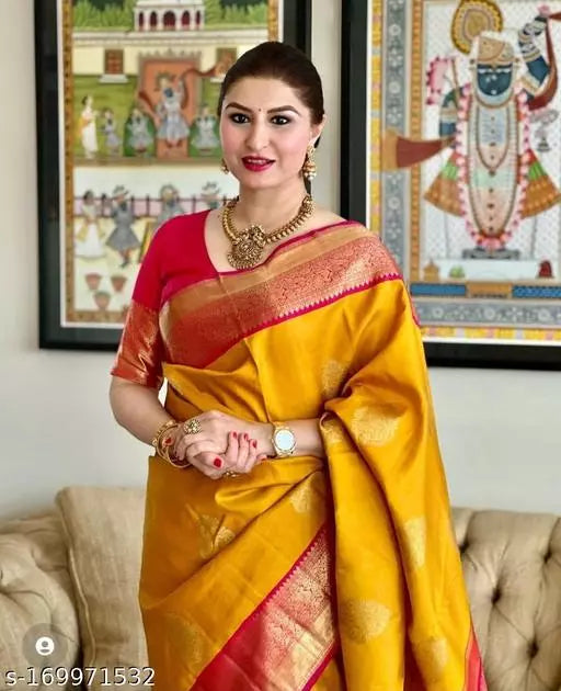 Sunshine Yellow Soft Lichi Silk Saree | Color Contrast Jacquard Border Couture
