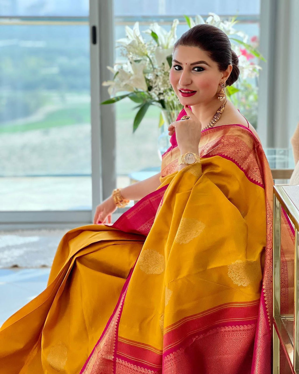 Sunshine Yellow Soft Lichi Silk Saree | Color Contrast Jacquard Border Couture