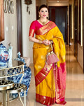 Sunshine Yellow Soft Lichi Silk Saree | Color Contrast Jacquard Border Couture