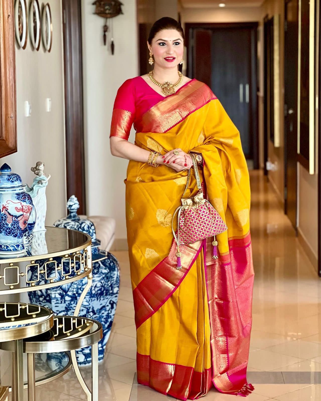 Sunshine Yellow Soft Lichi Silk Saree | Color Contrast Jacquard Border Couture