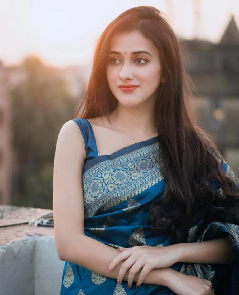Serene Blue Soft Lichi Silk Saree | Rich Pallu & Jacquard Work Couture