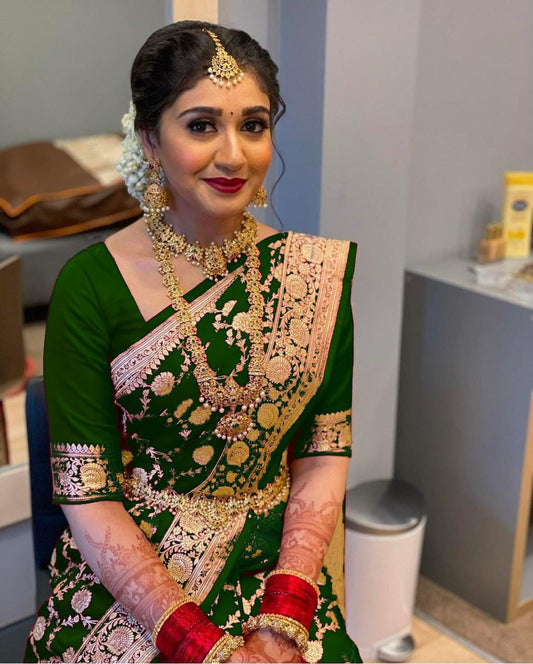 Enchanting Green Soft Lichi Silk Saree | Rich Pallu & Jacquard Work Couture