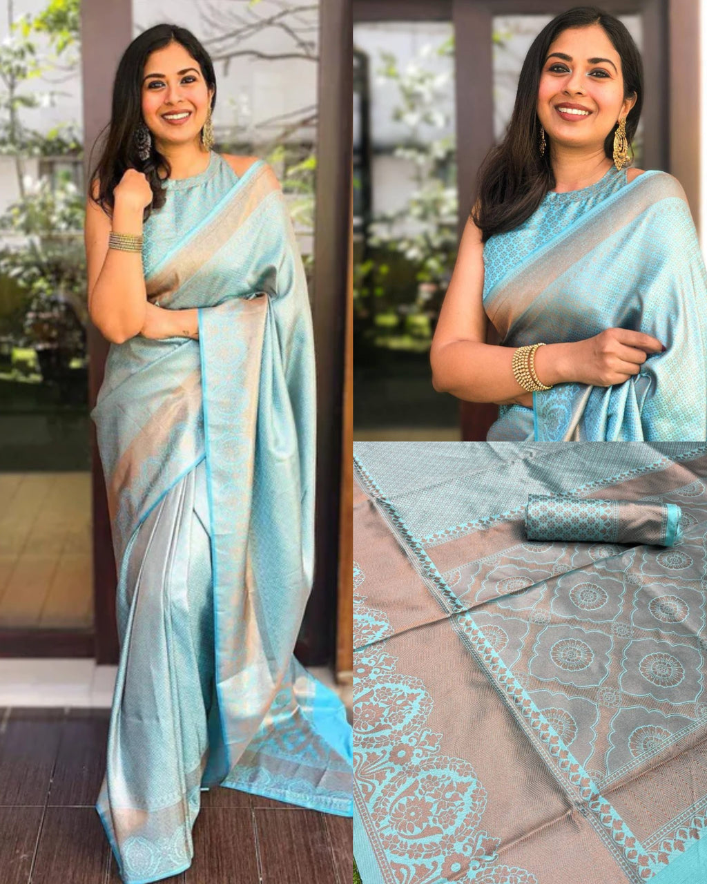 Sky Blue Soft Lichi Silk Saree | All Over Work Jacquard Couture