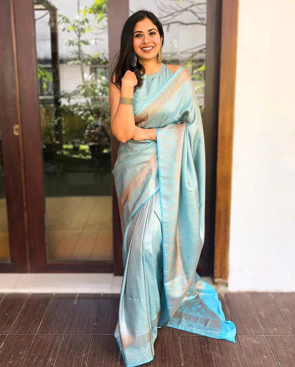 Sky Blue Soft Lichi Silk Saree | All Over Work Jacquard Couture