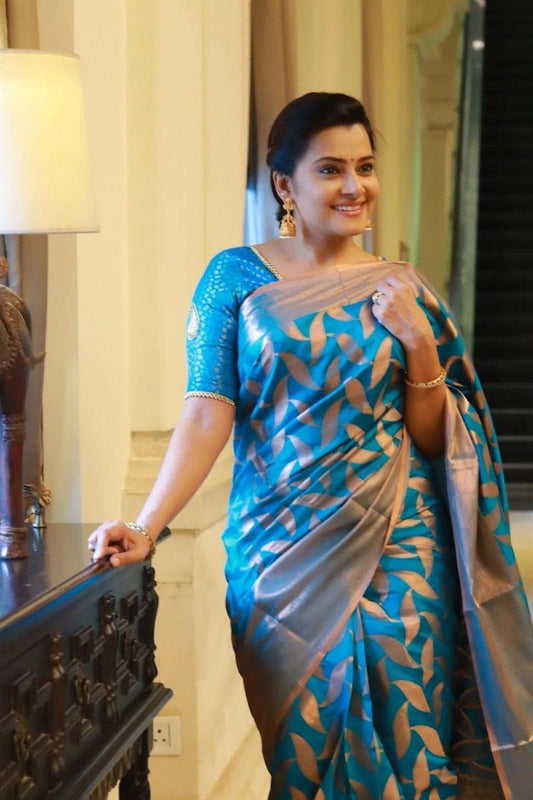 Enchanting Firozi Soft Lichi Silk Saree | Heavy Brocade Jacquard Work Couture