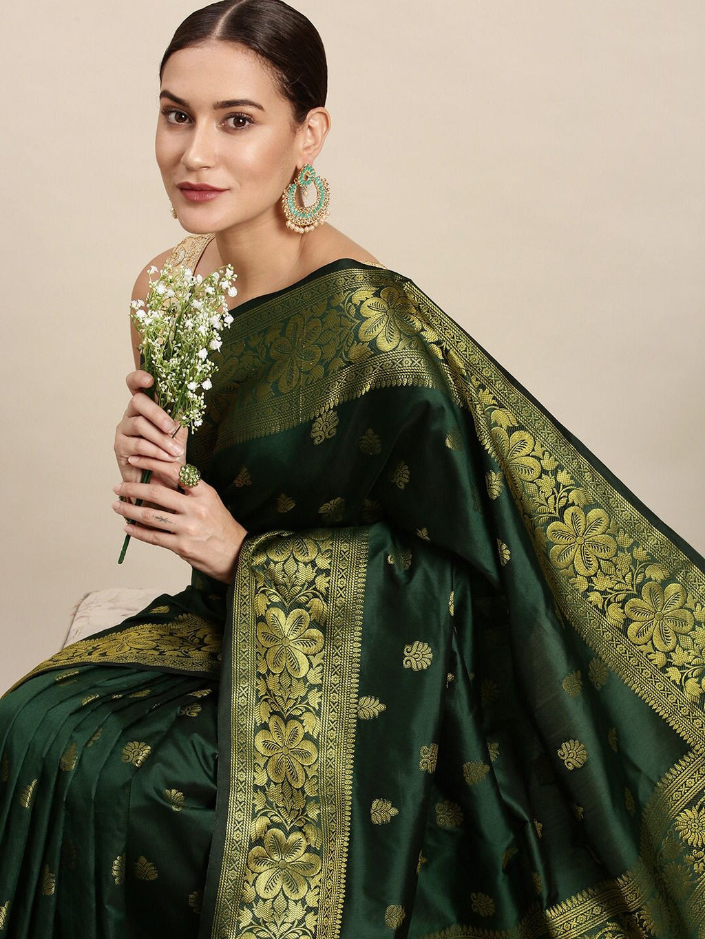 Fresh Bottle Green Soft Lichi Silk Saree | Jacquard Border Couture