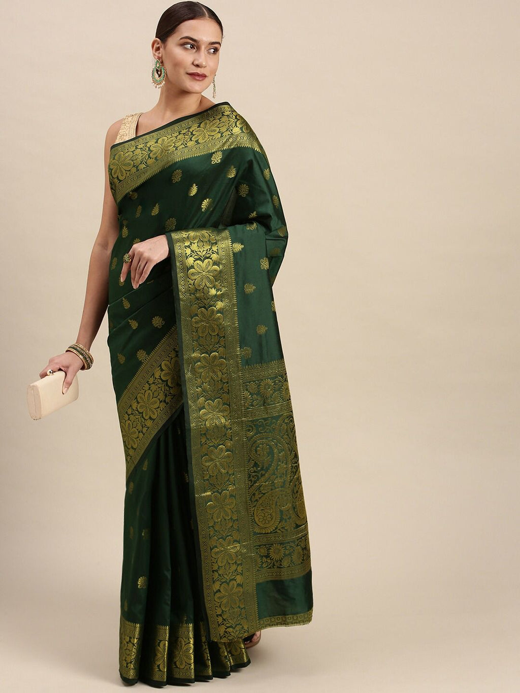 Fresh Bottle Green Soft Lichi Silk Saree | Jacquard Border Couture