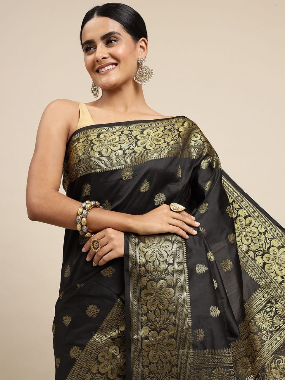 Classic Black Soft Lichi Silk Saree | Jacquard Border Couture