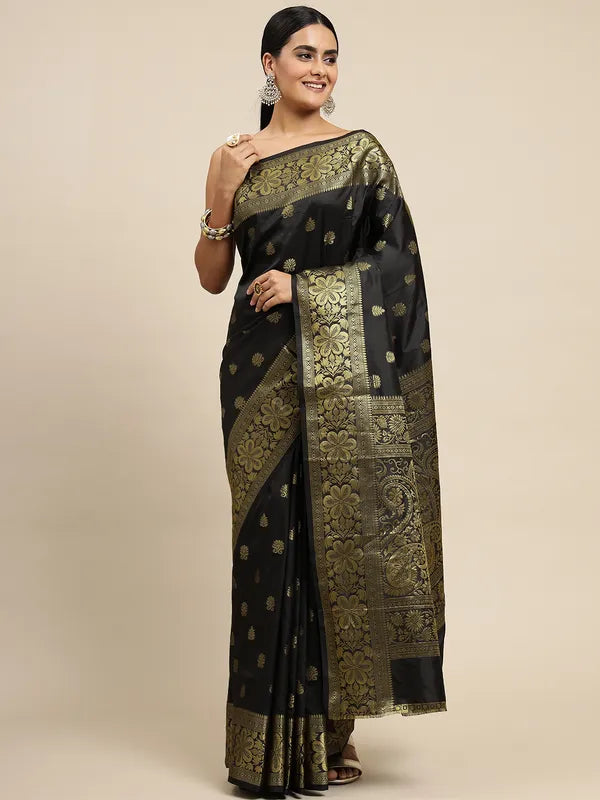 Classic Black Soft Lichi Silk Saree | Jacquard Border Couture