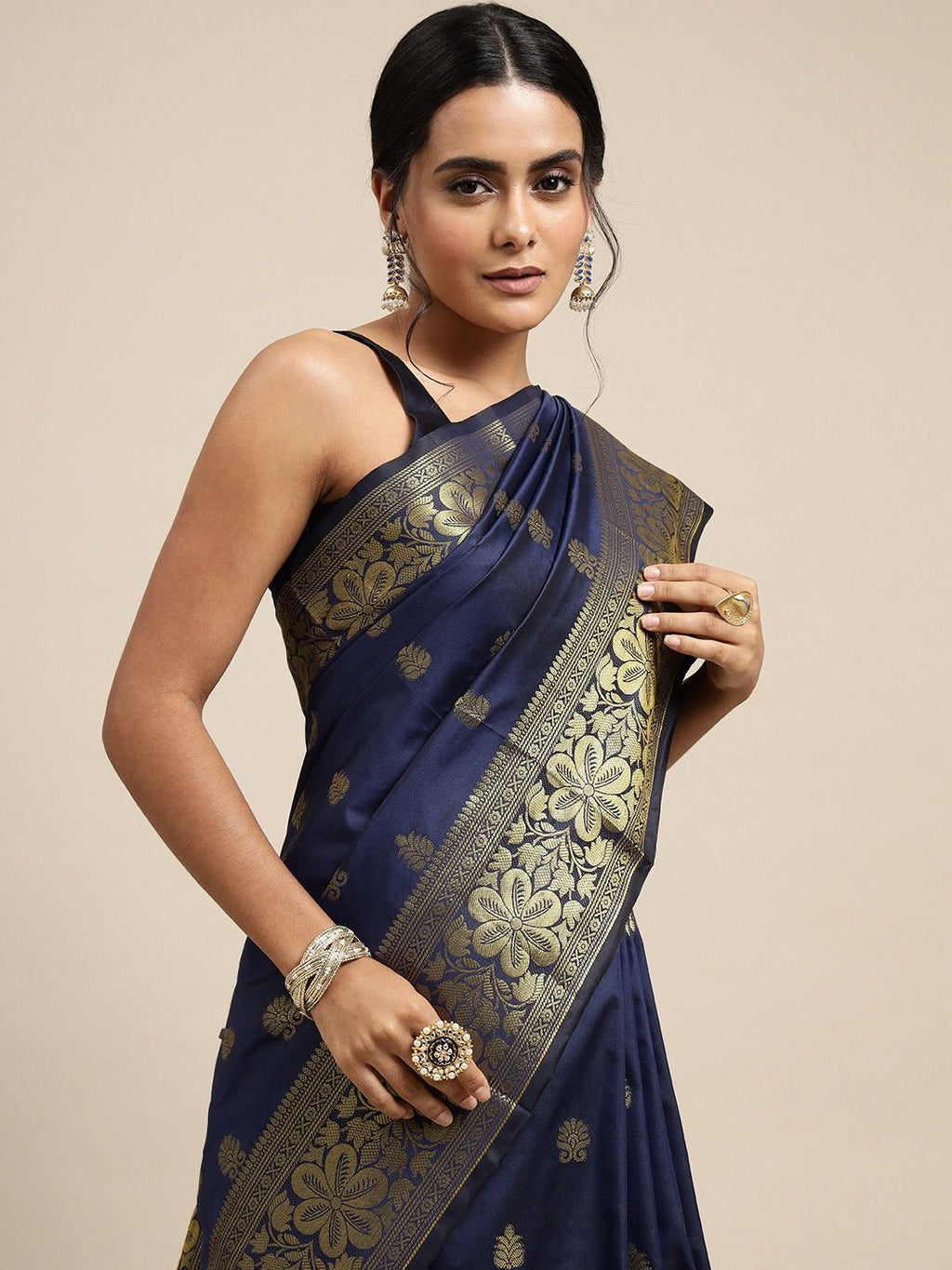 Deep Navy Blue Soft Lichi Silk Saree | Jacquard Border Couture