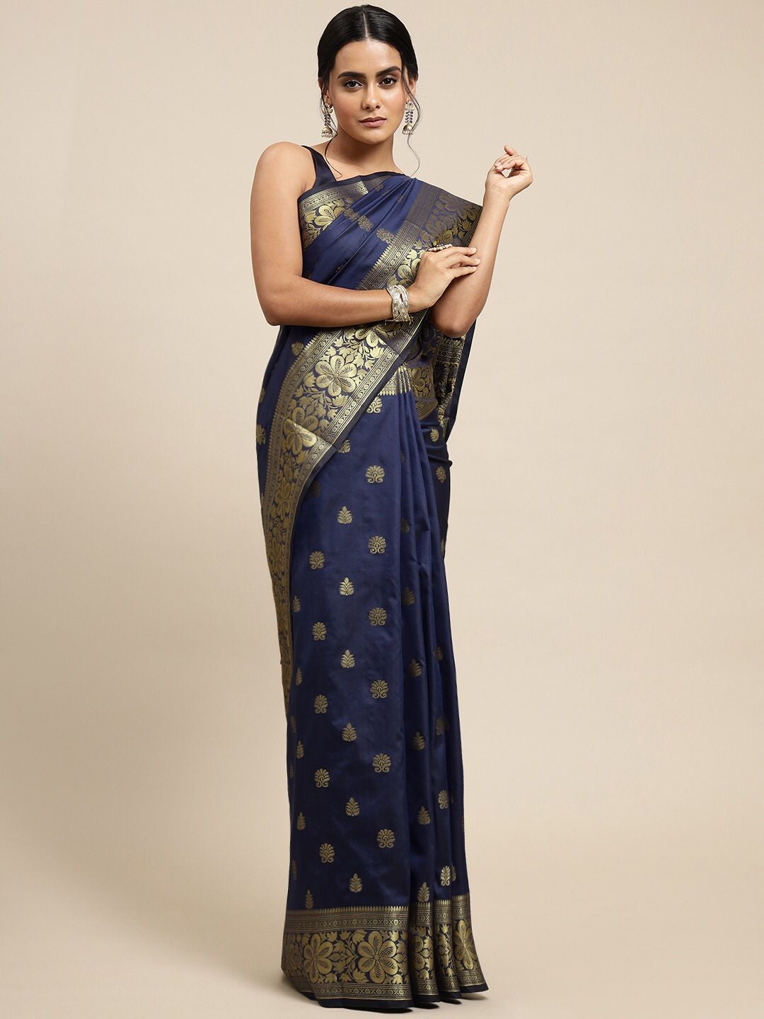 Deep Navy Blue Soft Lichi Silk Saree | Jacquard Border Couture