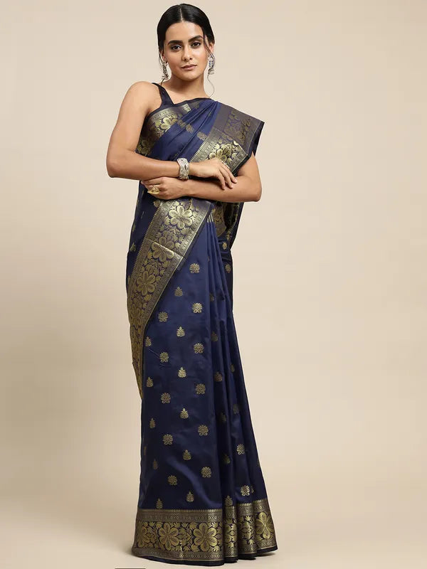 Deep Navy Blue Soft Lichi Silk Saree | Jacquard Border Couture