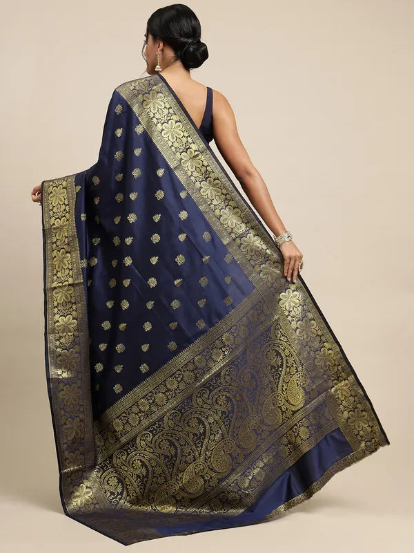 Deep Navy Blue Soft Lichi Silk Saree | Jacquard Border Couture