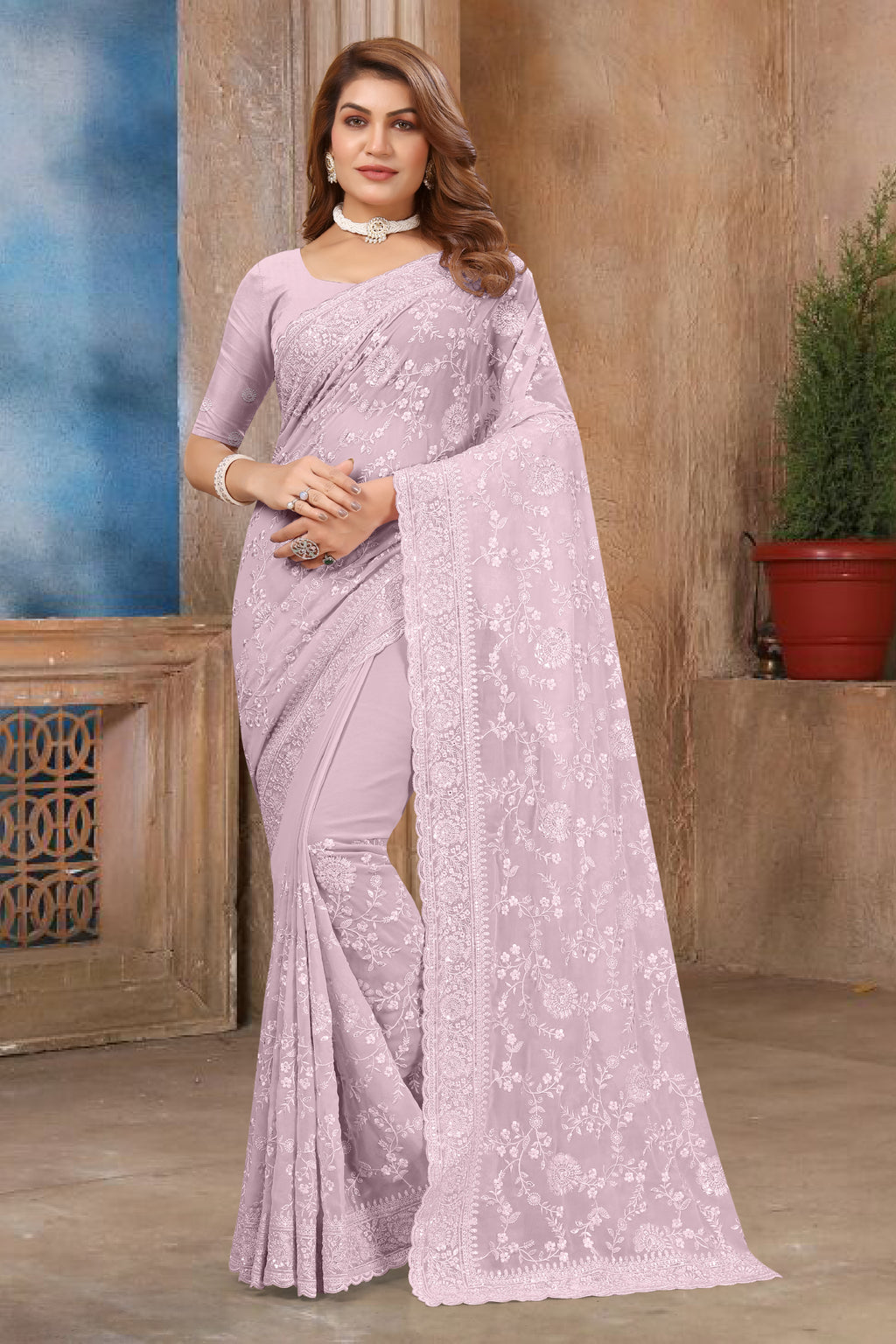 Lavender Georgette Saree | Heavy Resham & Sequin Embroidery with Work Blouse