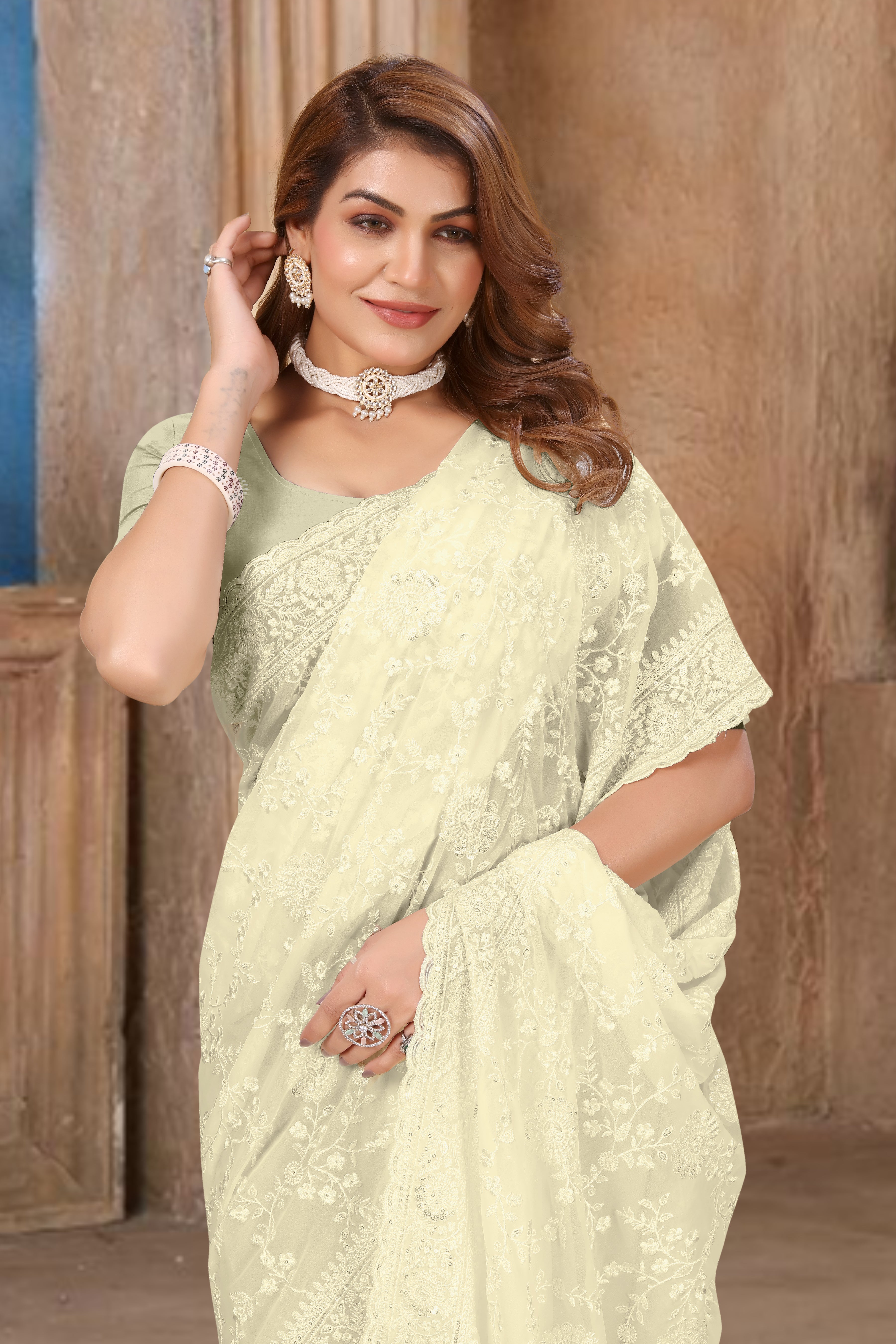 Off White Georgette Saree | Heavy Resham & Sequin Embroidery with Work Blouse