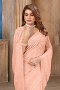 Peach Georgette Saree | Heavy Resham & Sequin Embroidery with Work Blouse