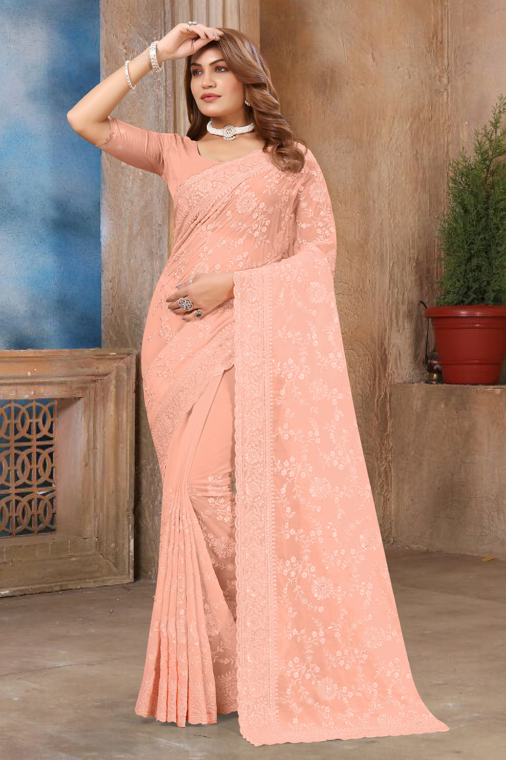 Peach Georgette Saree | Heavy Resham & Sequin Embroidery with Work Blouse