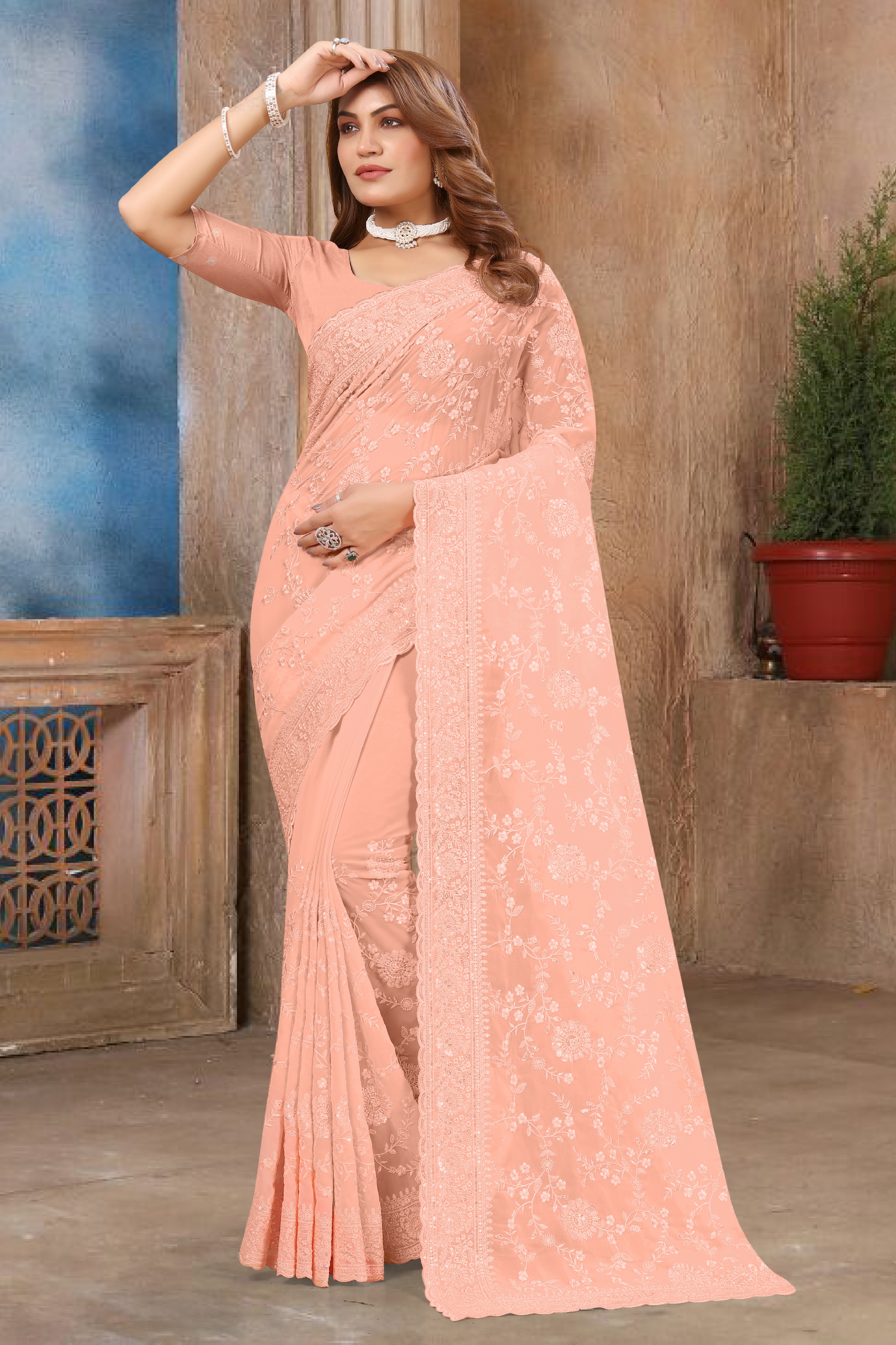 Peach Georgette Saree | Heavy Resham & Sequin Embroidery with Work Blouse