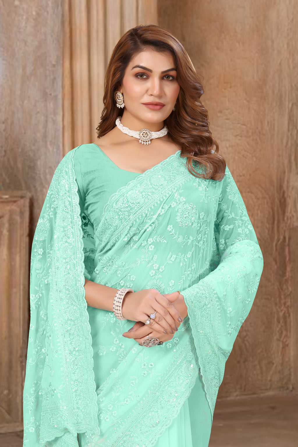 Sky Georgette Saree | Heavy Resham & Sequin Embroidery with Work Blouse
