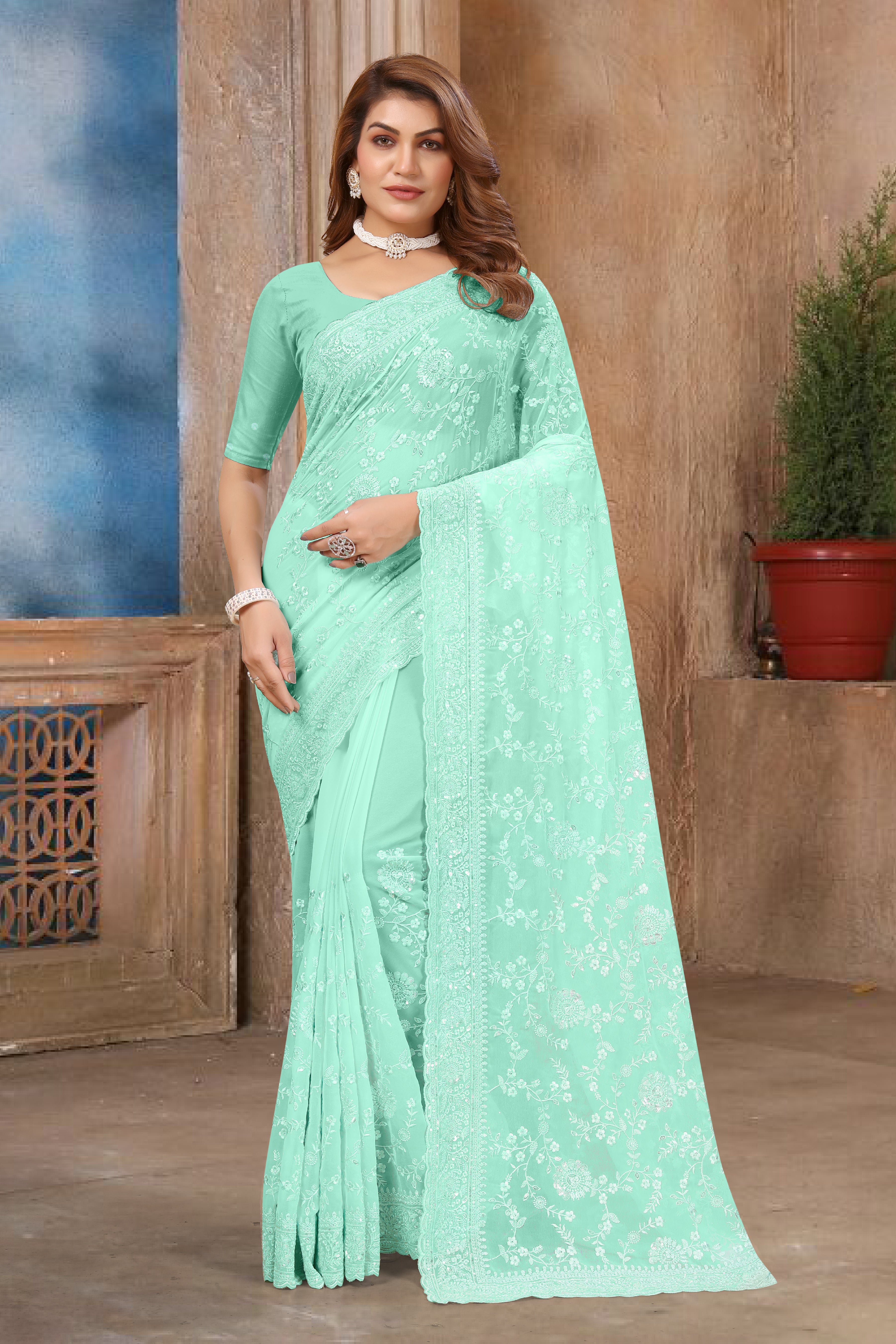 Sky Georgette Saree | Heavy Resham & Sequin Embroidery with Work Blouse