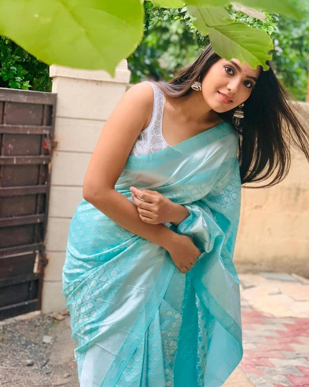 Sky Blue Soft Lichi Silk Saree | Exclusive Jacquard Border & Rich Pallu Couture