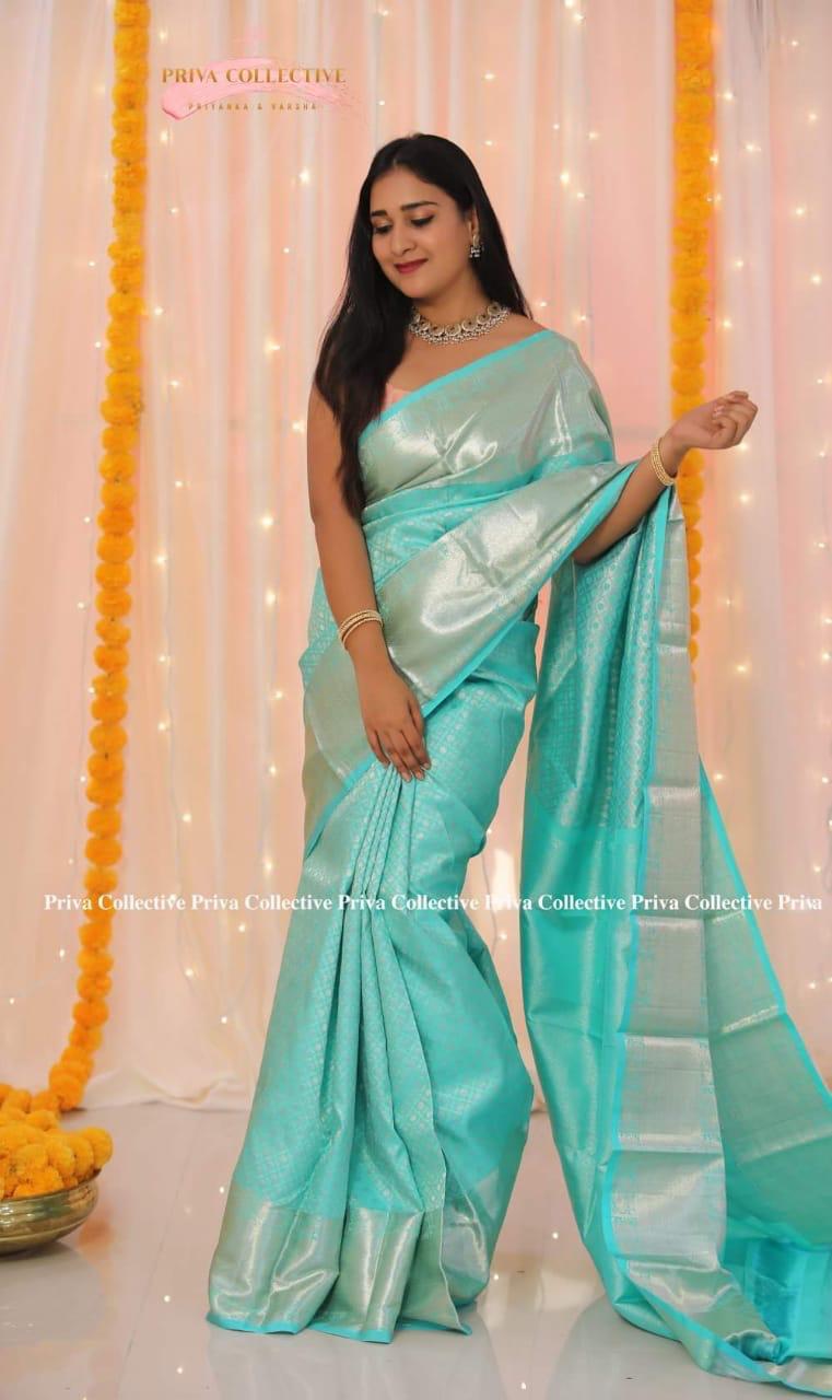 Sky Blue Soft Lichi Silk Saree | Exclusive Jacquard Border & Rich Pallu Couture