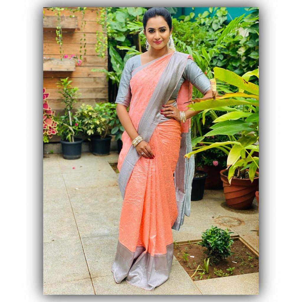 Subtle Peach & Grey Soft Lichi Silk Saree | Exclusive Jacquard Border & Rich Pallu Couture