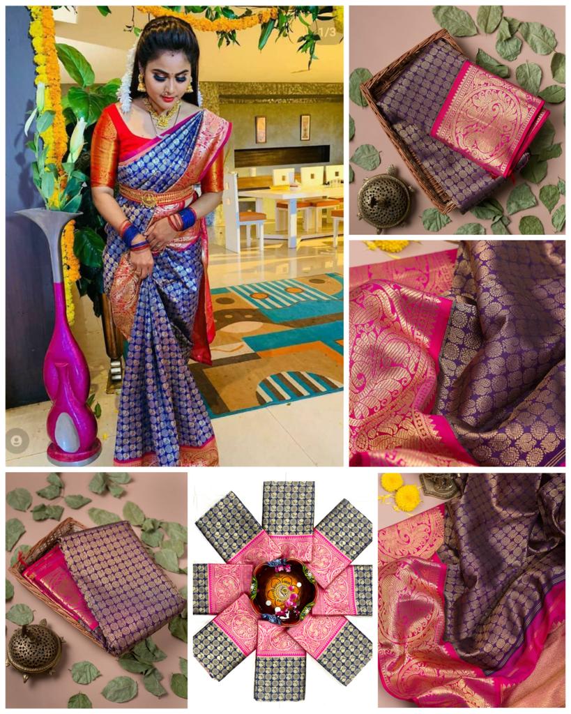 Majestic Navy Blue Soft Lichi Silk Saree | Exclusive Jacquard Border & Rich Pallu Couture