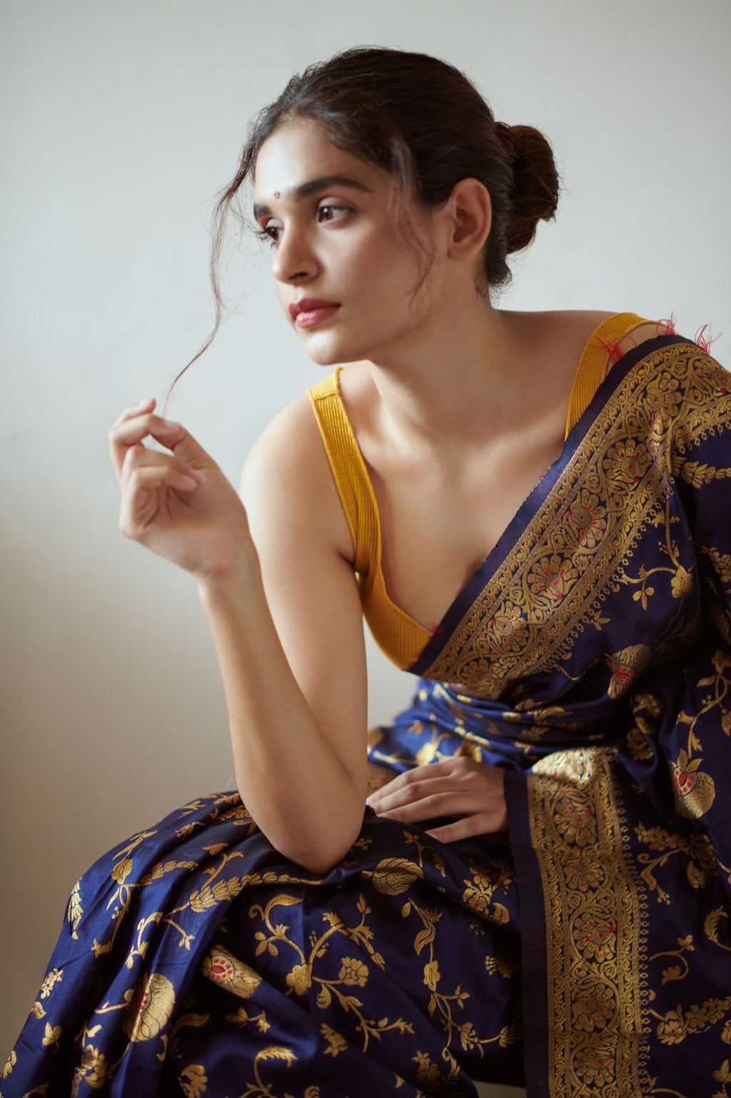 Navy Blue & Gold Soft Lichi Silk Saree | Original Gold Zari with Jacquard Work Couture