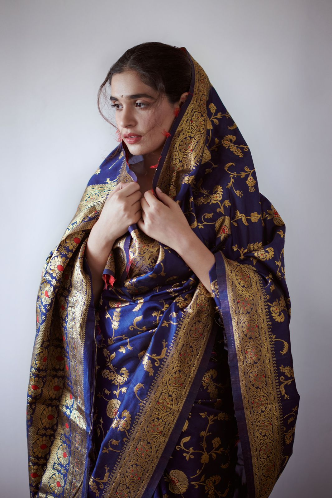 Navy Blue & Gold Soft Lichi Silk Saree | Original Gold Zari with Jacquard Work Couture