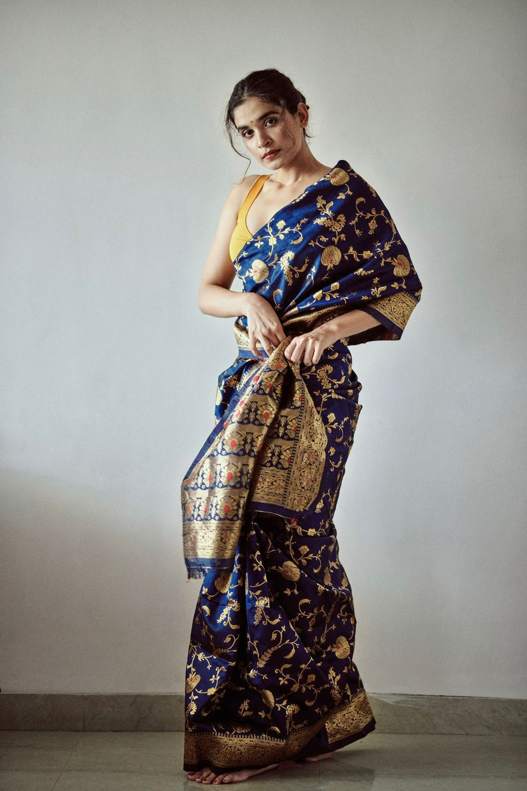 Navy Blue & Gold Soft Lichi Silk Saree | Original Gold Zari with Jacquard Work Couture