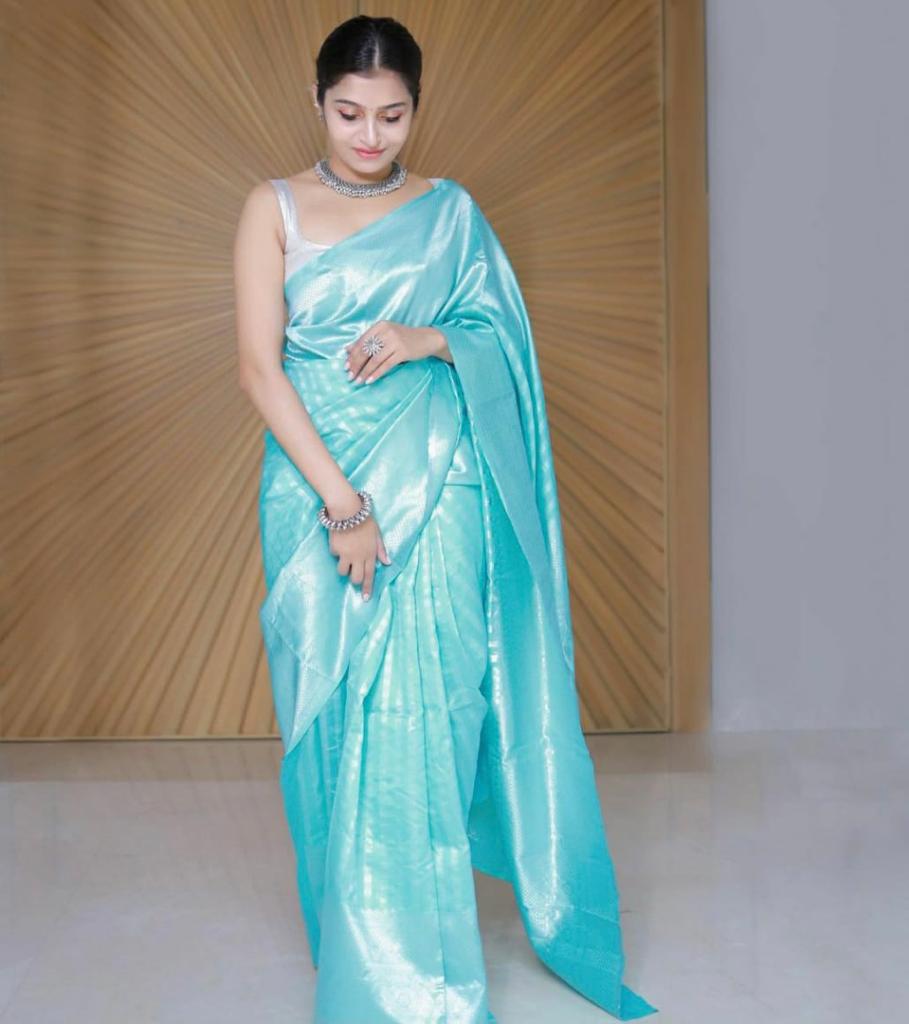 Sky Blue Soft Lichi Silk Saree | Rich Pallu & Jacquard Work Couture